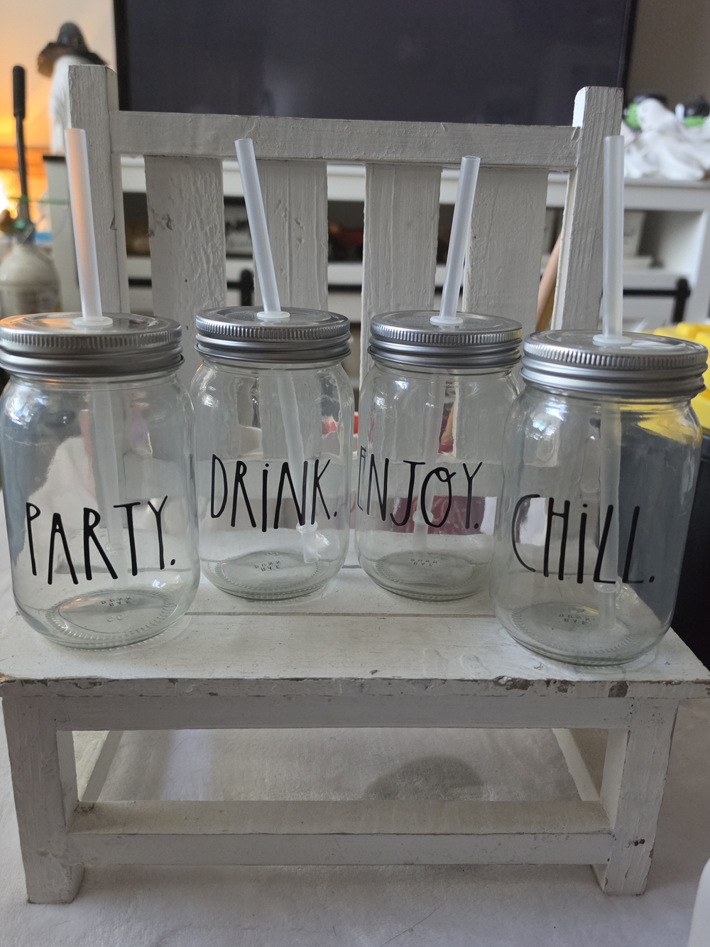 Rae Dunn Clear Glass Mason Drink Jars with Silver Lids and Straws - Set of 4